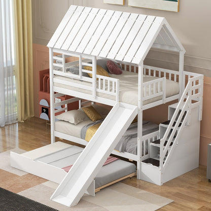 Twin Over Twin Bunk Bed with Roof Staircase White