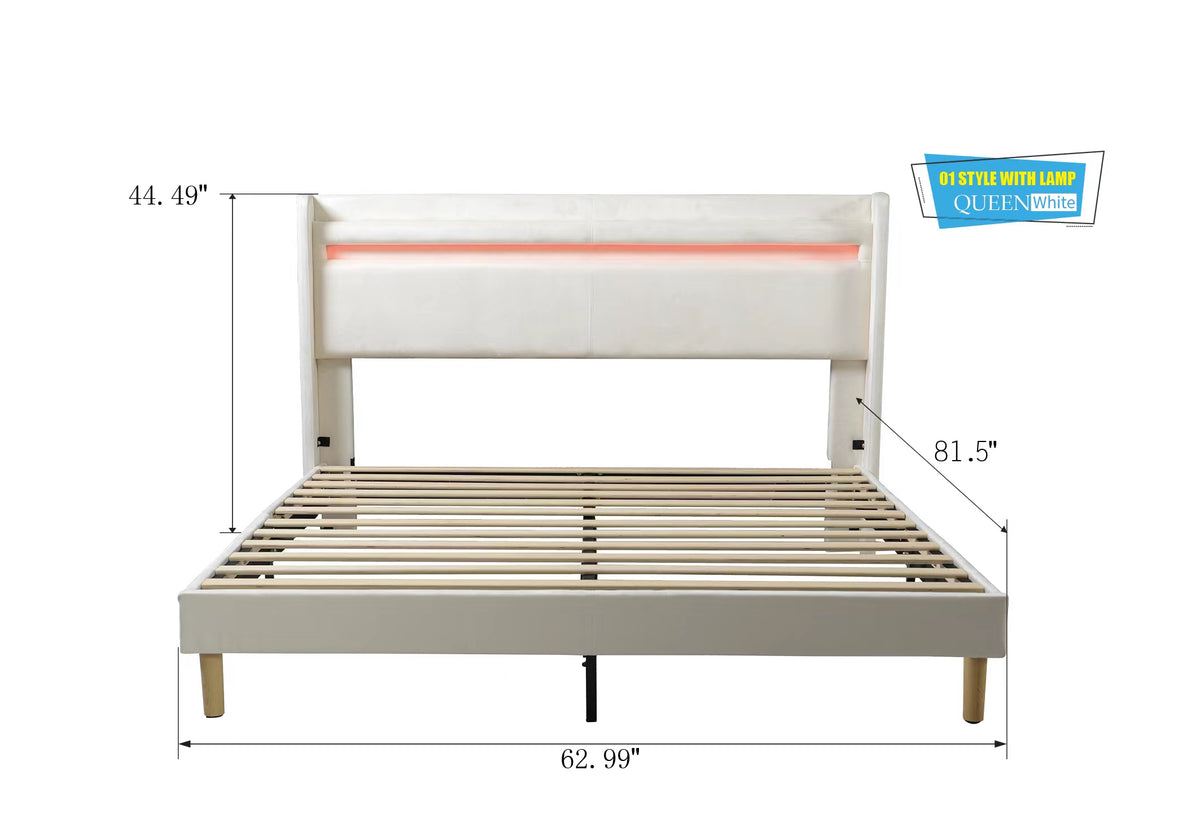 LED Upholstered Bed with Remote-Control Lighting – Queen