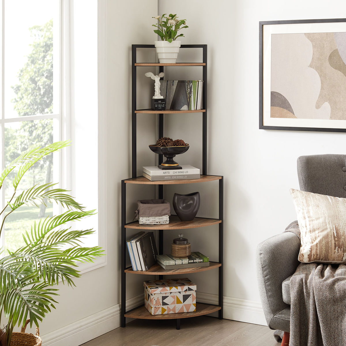 Tall Wooden Bookshelf Corner Storage Brown