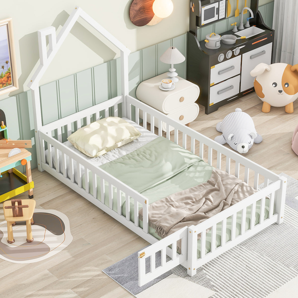 Twin Floor Bed with Fence – White Finish