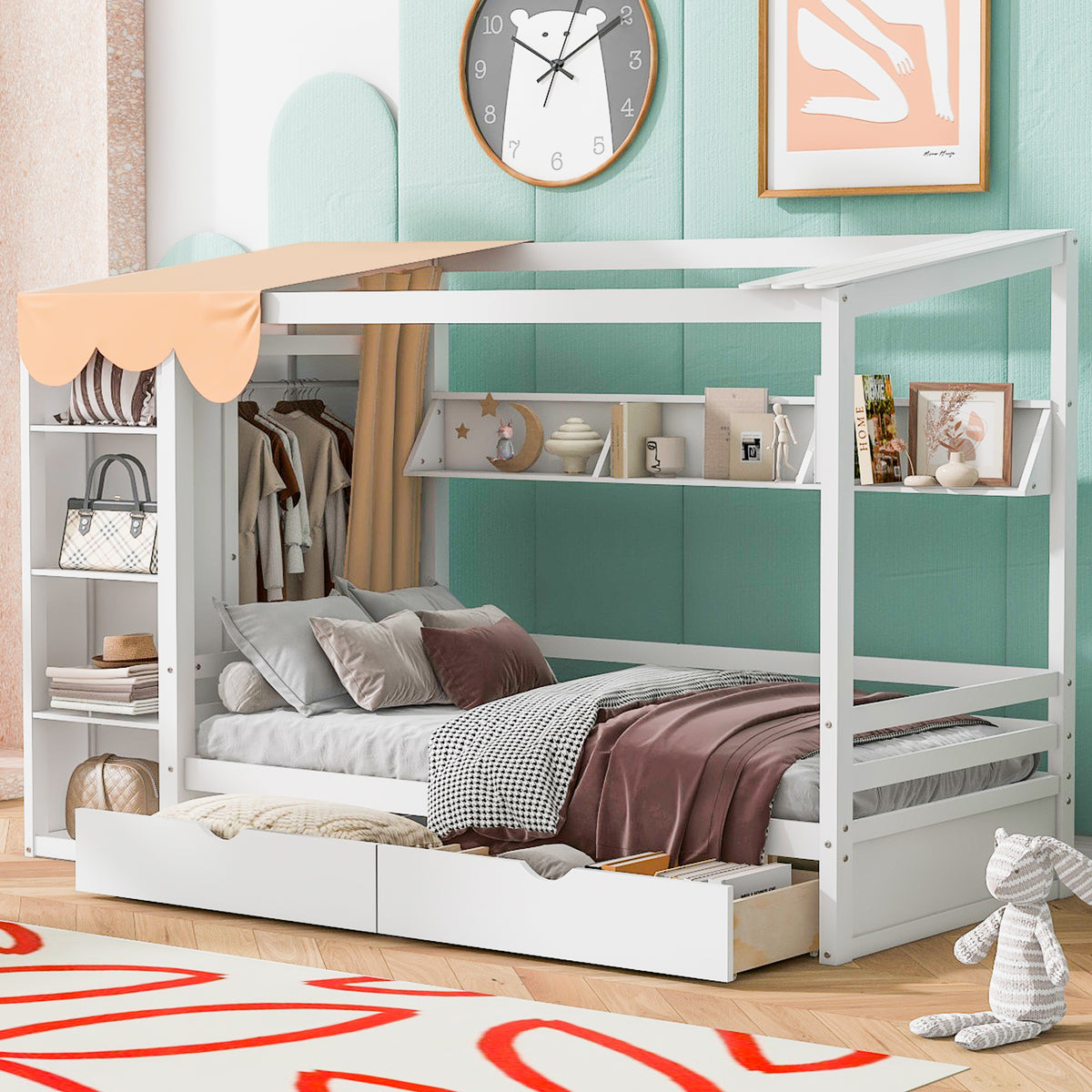 Twin House Bed with Wardrobe White