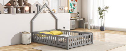 House Frame Bed with Fence Gray