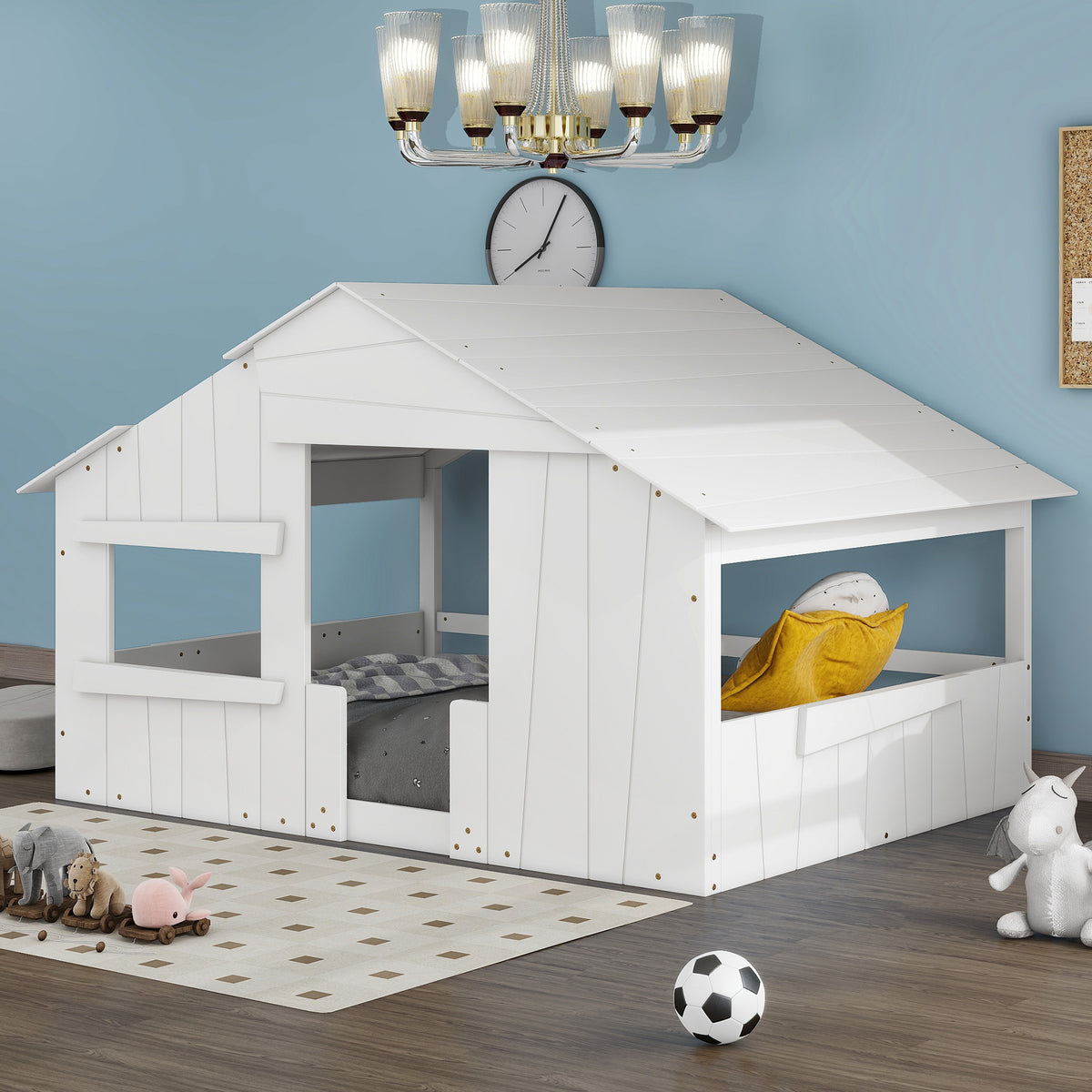 Full Wood Bed with Roof Frame White