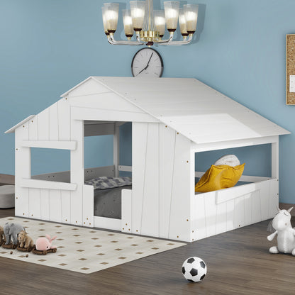 Full Wood Bed with Roof Frame White