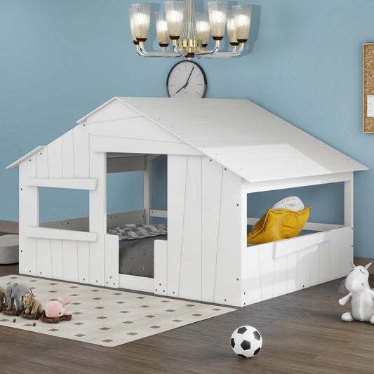 Full Wood Bed with Roof Frame White