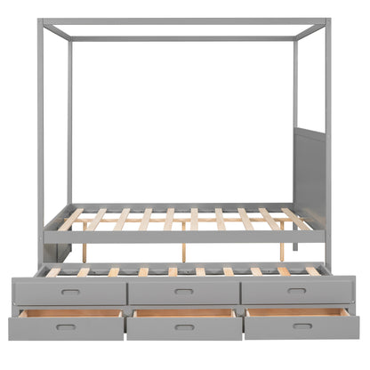 Queen Canopy Platform Bed with Drawers Gray