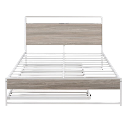 Full Metal Platform Bed with USB Ports White