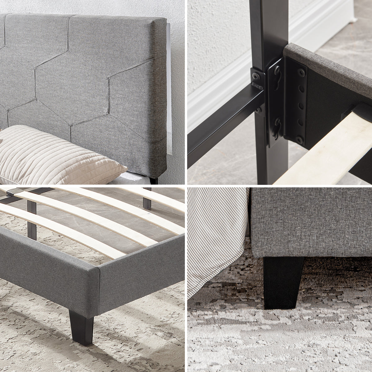 Queen Upholstered Platform Bed – Grey Upholstery