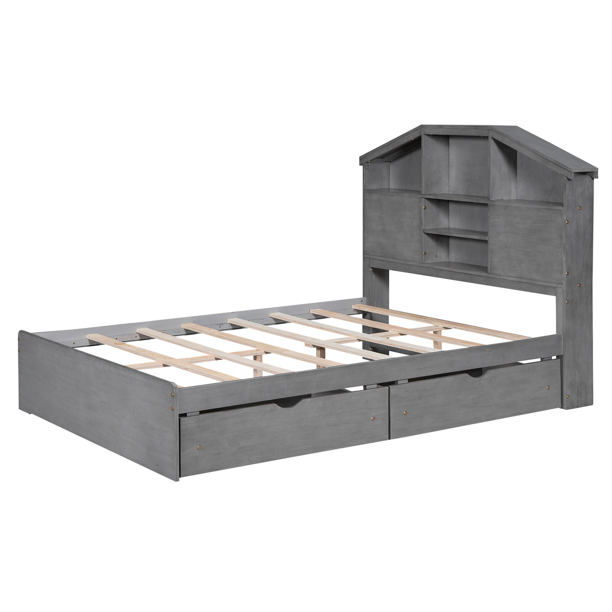 Full Platform Bed with Storage Headboard Gray