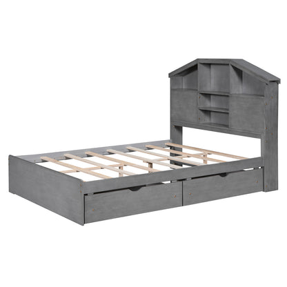 Full Platform Bed with Storage Headboard Gray