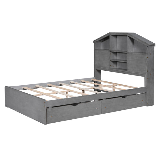 Full Platform Bed with Storage Headboard Gray
