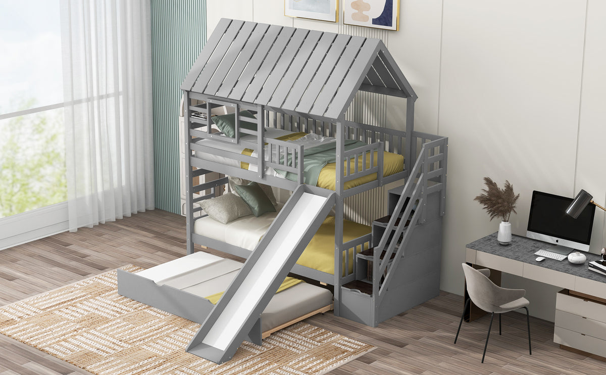 Twin Bunk Bed with Roof and Ladder Gray