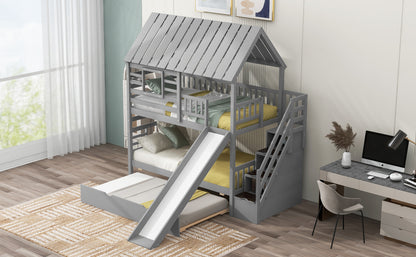 Twin Bunk Bed with Roof and Ladder Gray