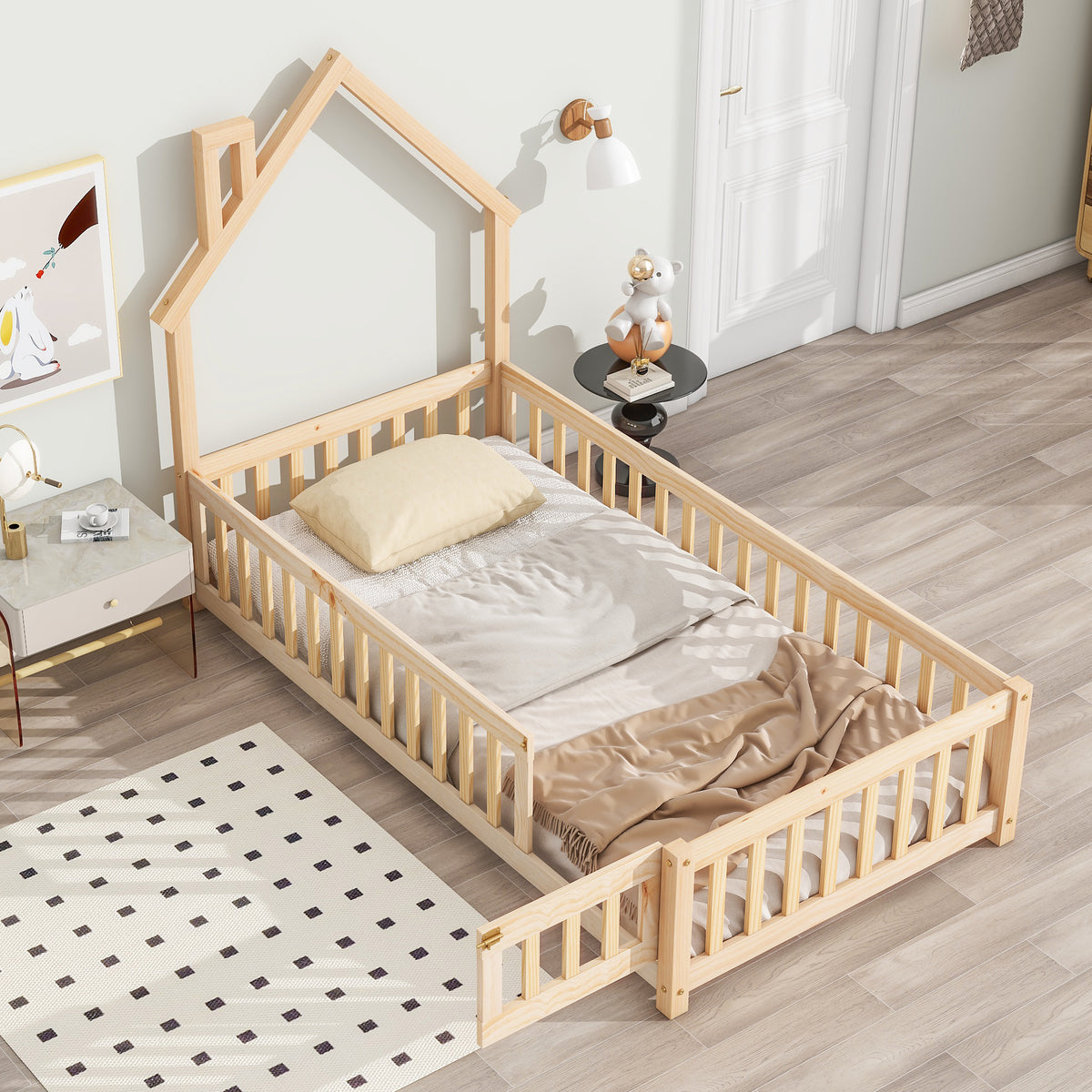 Metal House Floor Bed with Fence – Natural