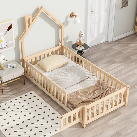 Metal House Floor Bed with Fence – Natural