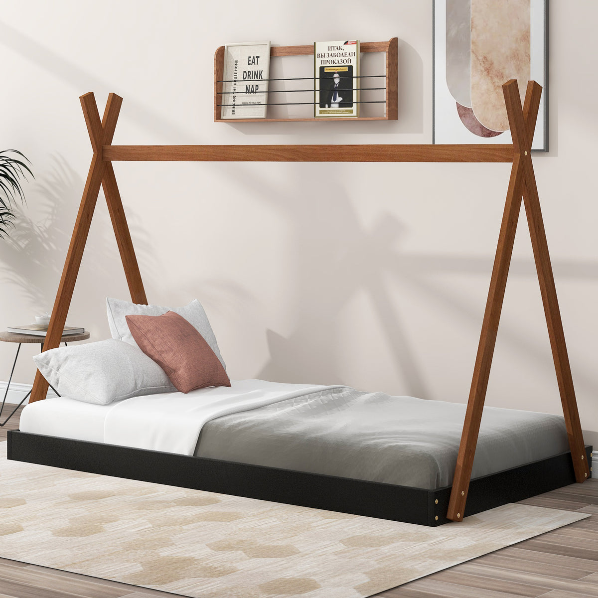 Twin Bed with Triangle Tent Frame Brown