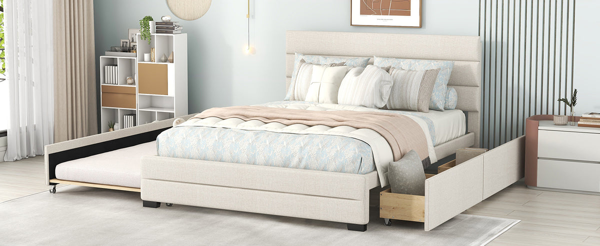 Queen Upholstered Bed with Twin Size Trundle Beige