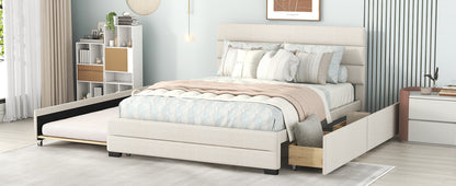 Queen Upholstered Bed with Twin Size Trundle Beige