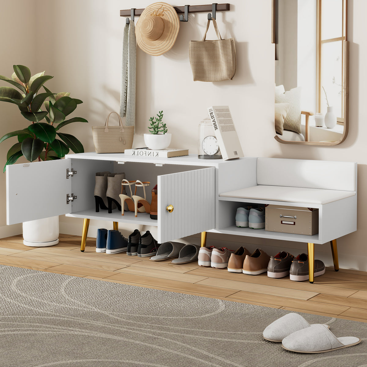 Modern White Shoe Storage Bench with Hidden Upholstered Seat
