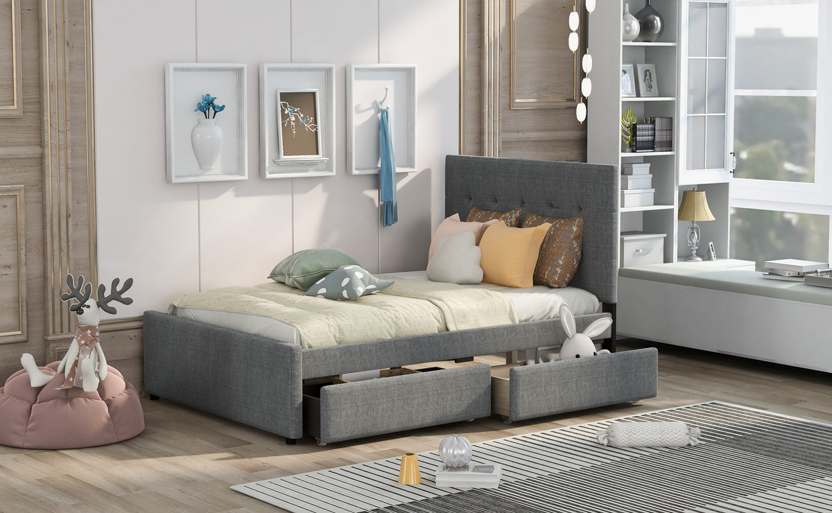 Linen Platform Bed with Headboard White