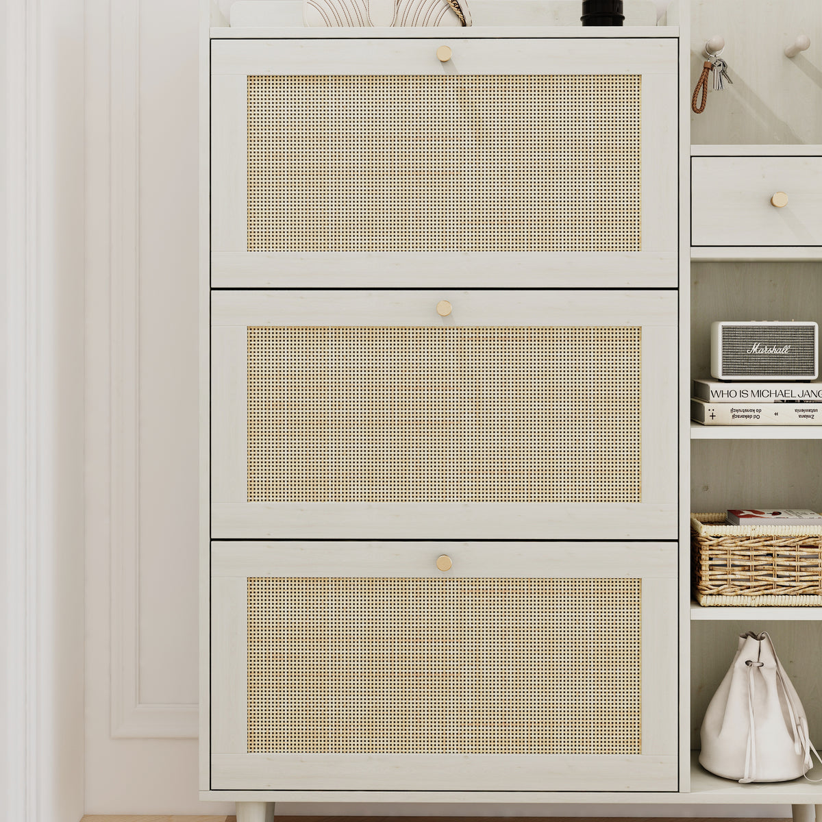 Bohemian Shoe Cabinet with Rattan Shelves White