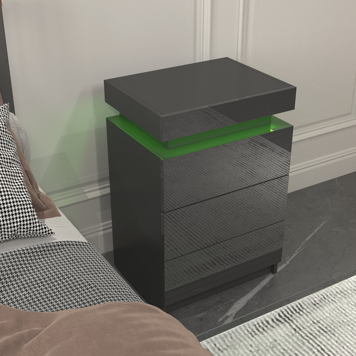 Noir 3-Drawer LED Bedside Table