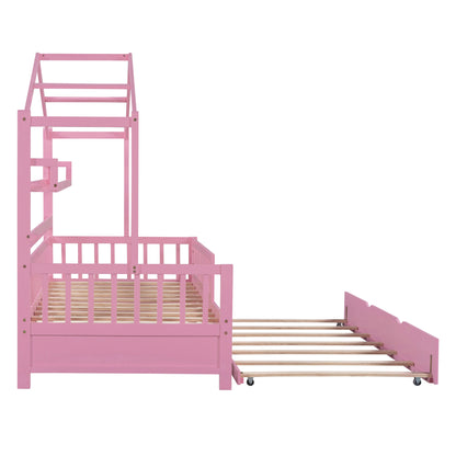 Twin House Bed with Trundle Pink