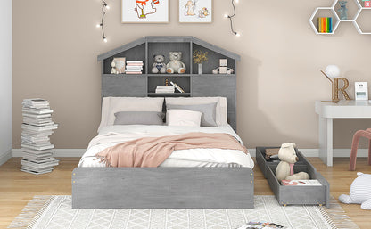 Full Platform Bed with Storage Headboard Gray