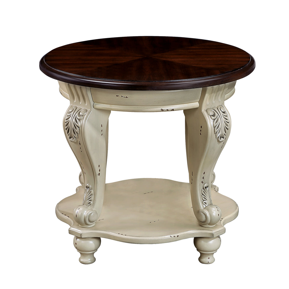 Antique White Round End Table – 22" Solid Rubberwood with Cabriole Legs & Shelf