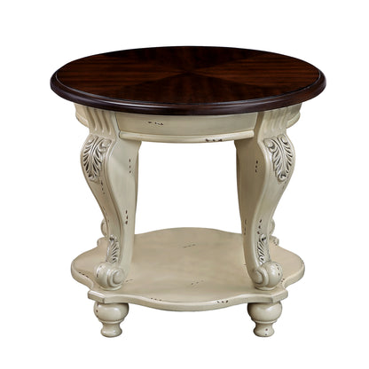 Antique White Round End Table – 22" Solid Rubberwood with Cabriole Legs & Shelf