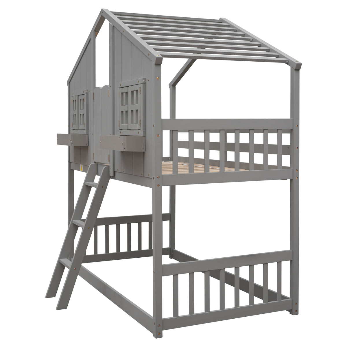 Twin House Bunk Bed with Ladder Grey