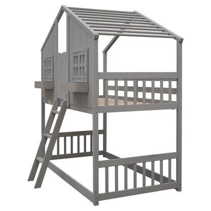 Twin House Bunk Bed with Ladder Grey