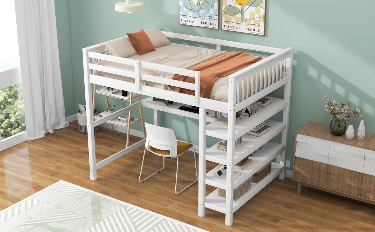 Full Loft Bed with Storage Desk – White