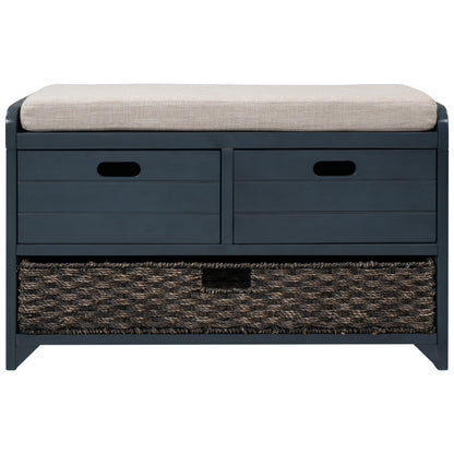 Navy Storage Bench with Rattan Basket