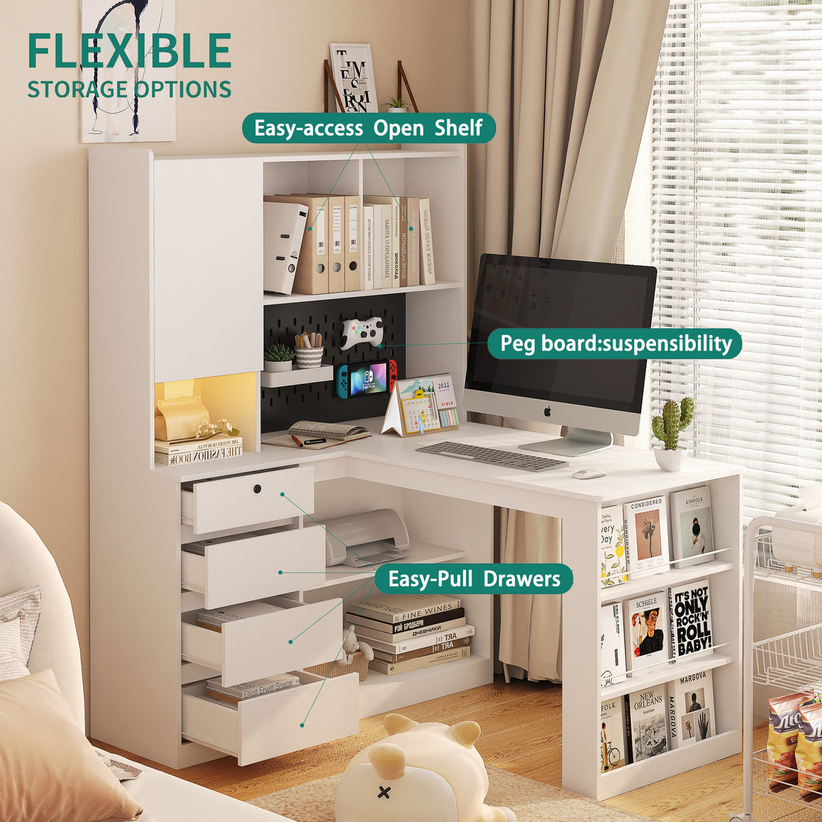 L-Shaped Office Desk with Bookshelf and Storage