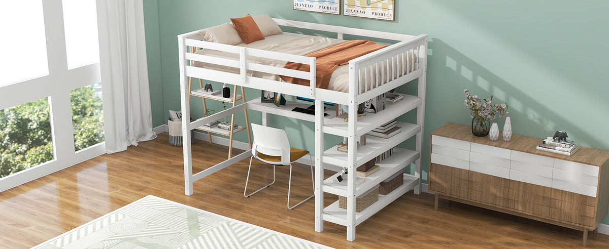 Full Loft Bed with Storage Desk – White