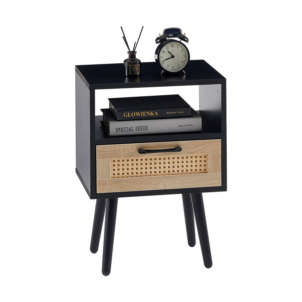 Rattan End Table with Drawer Black
