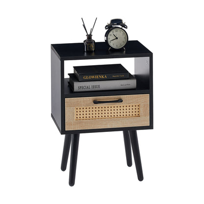 Rattan End Table with Drawer Black