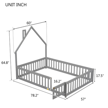 House Frame Bed with Fence Gray
