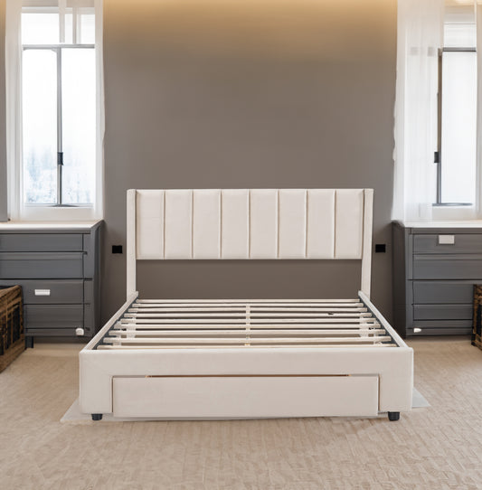 Queen Velvet Storage Bed Beige