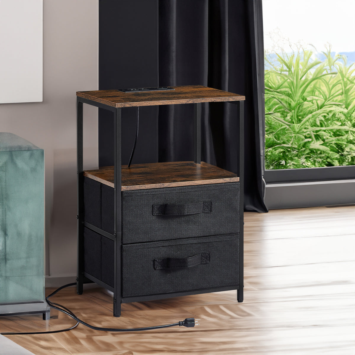 Bedside Table with USB Charging and Storage Drawers