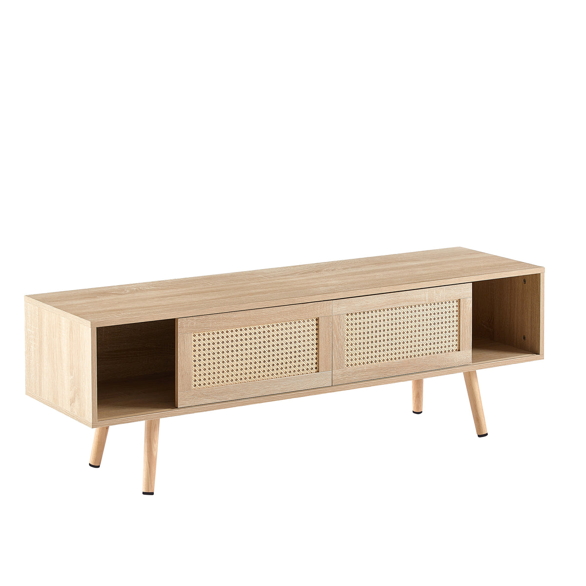Rattan Wood TV Console – Adjustable Doors, Natural Finish