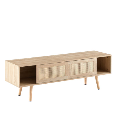 Rattan Wood TV Console – Adjustable Doors, Natural Finish