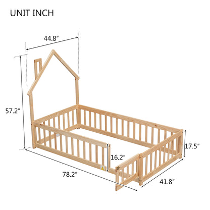 Metal House Floor Bed with Fence – Natural