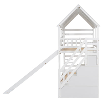 Twin Over Twin Bunk Bed with Roof Staircase White