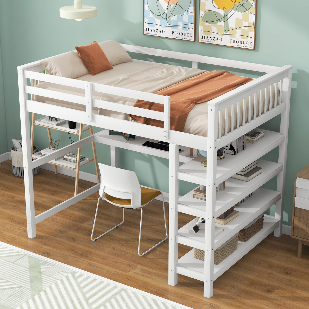 Full Loft Bed with Storage Desk – White