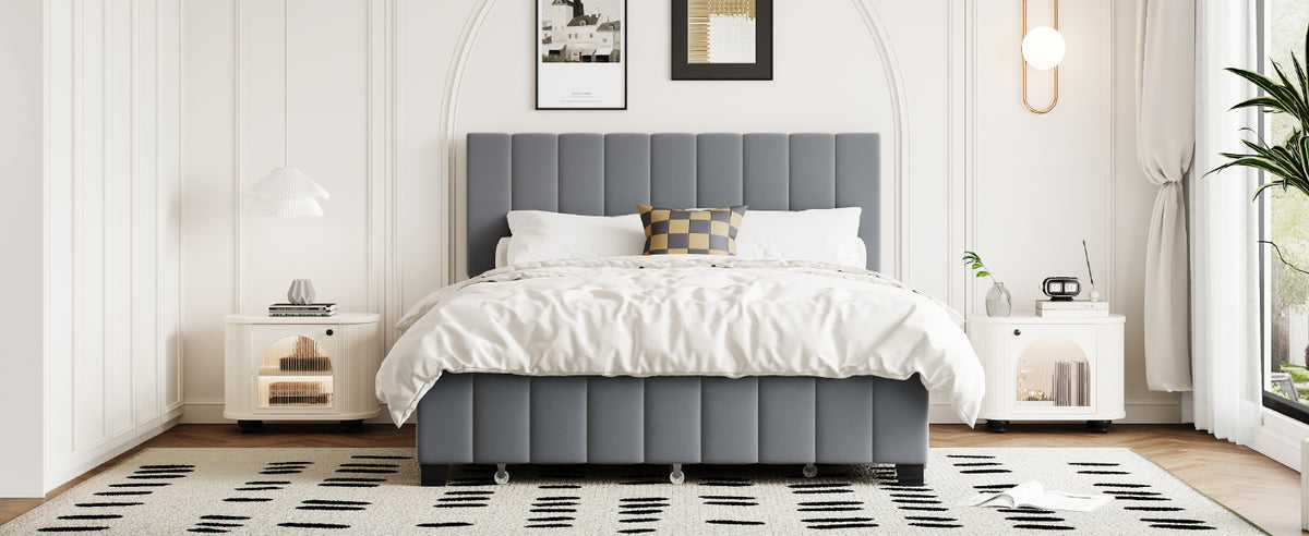 Velvet Upholstered Queen Platform Bed with Trundle Gray