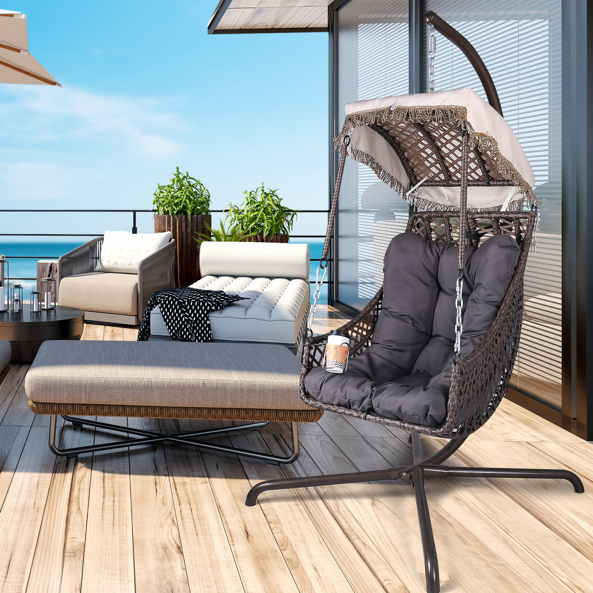 Rattan Swing Egg Chair with Stand Beige