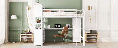 Wood Loft Bed with Bookshelf White