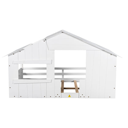 Full Wood Bed with Roof Frame White